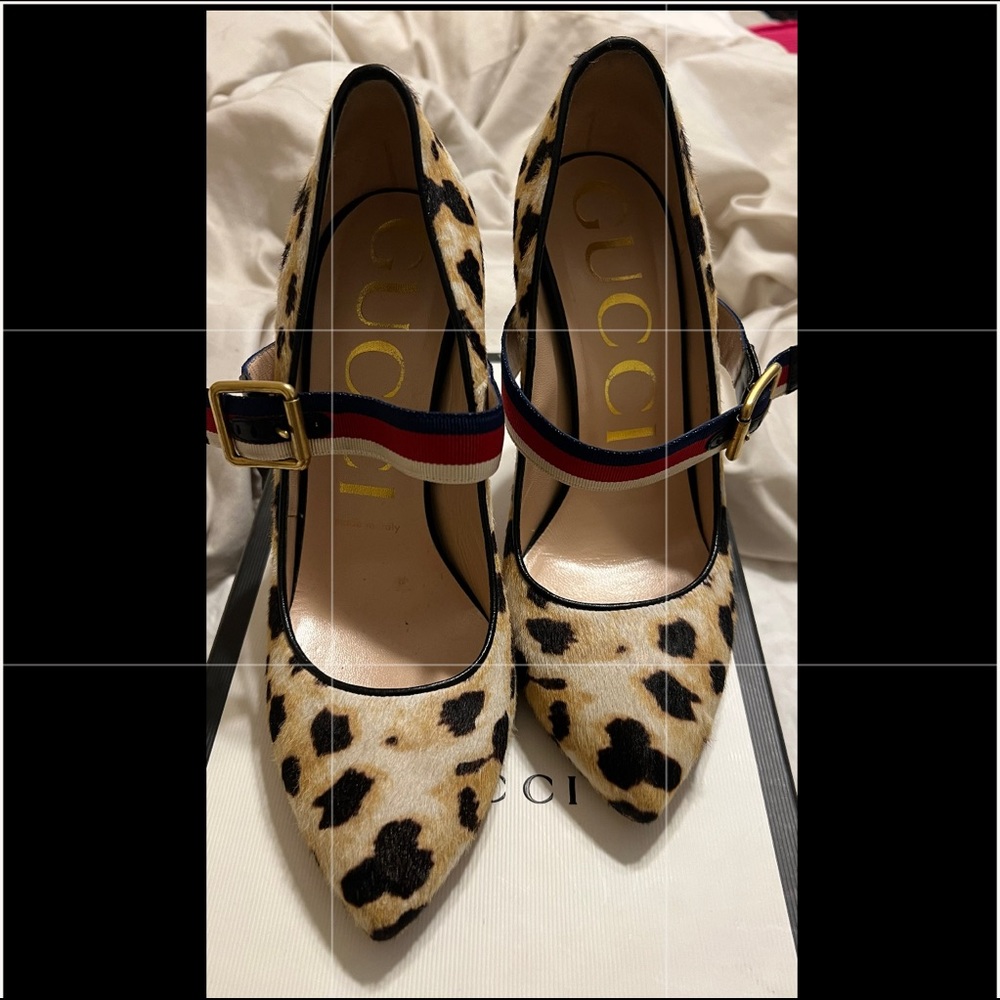 Gucci Sylvie Leopard WED Strap Pointed Toe Heel